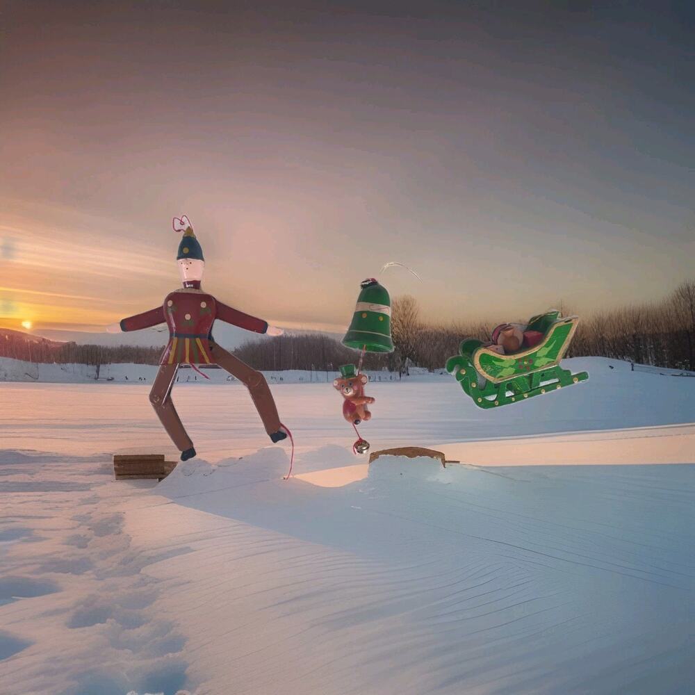 Wooden Christmas Ornaments (3) - Jumping Jack, Russ Berrie Bear & Bell, Sleigh